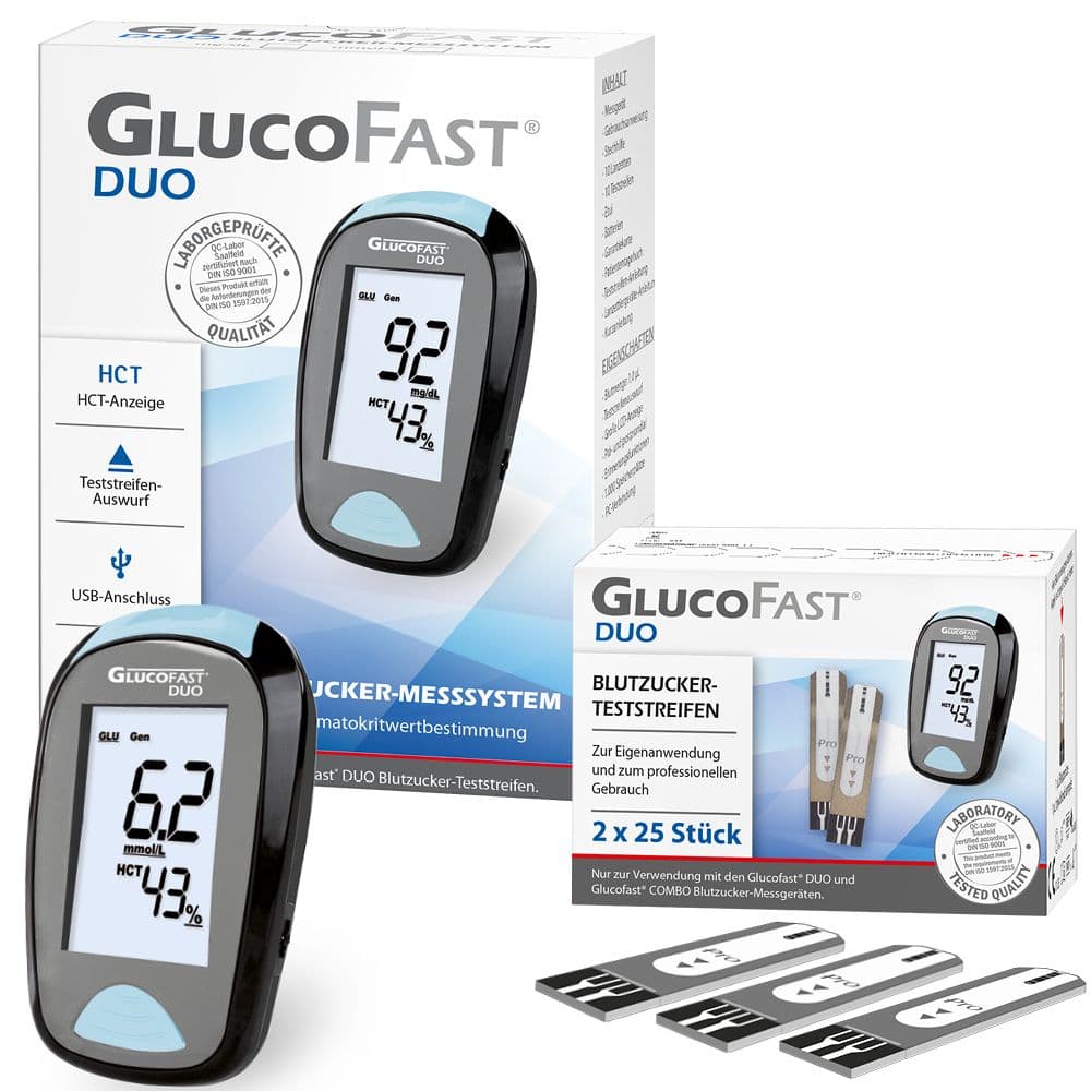 Glucofast® Duo Blutzuckermessgerät Kombiset mit 1 Packung Teststreifen (mg/dL) St Set