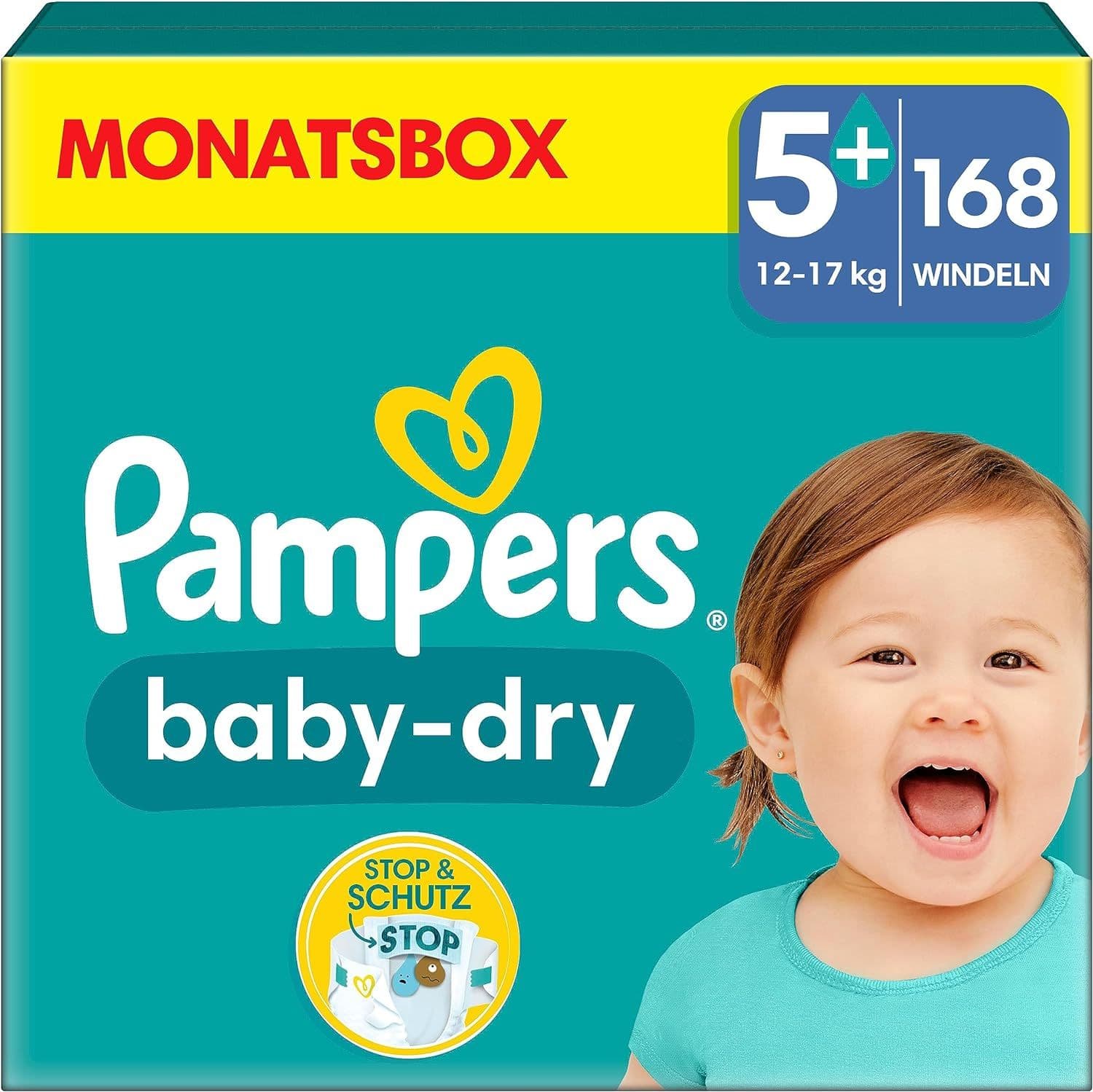 Pampers Baby Dry Gr. 5+ Junior Plus 12-17kg Windeln, 168 Stück, Monatsbox St
