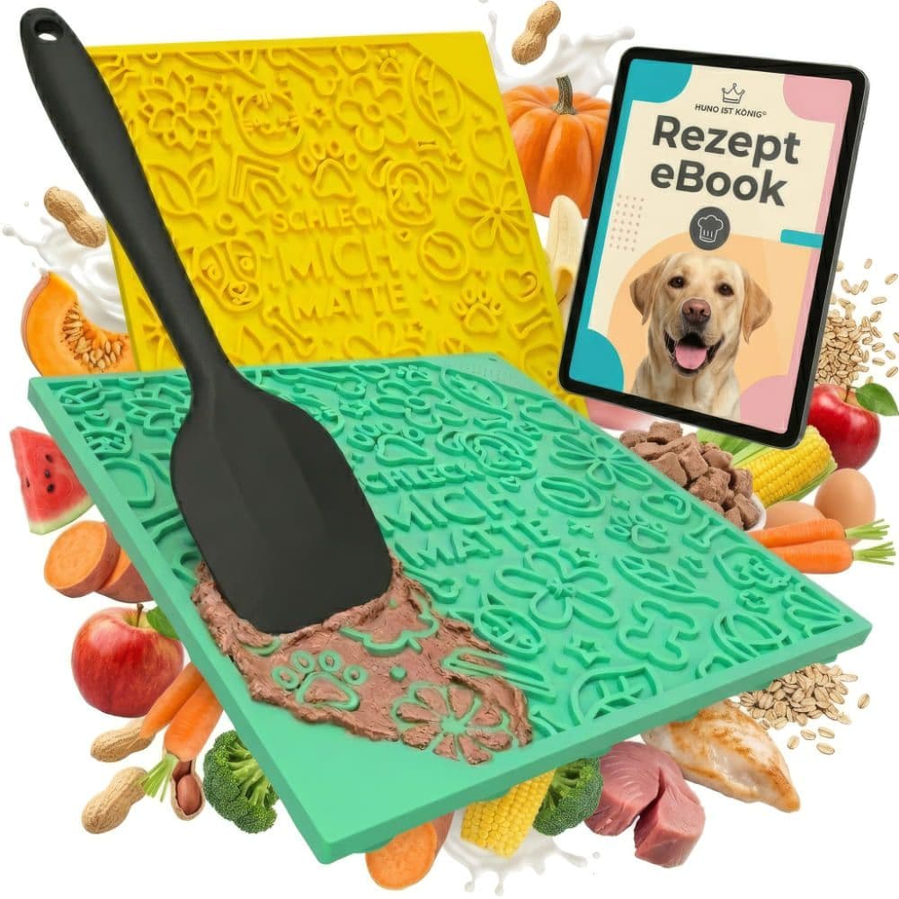 Hund IST König® Leckmatte mit Saugnäpfen | 22x22 cm inkl. Spatel + Rezepte-Ebook 2 St