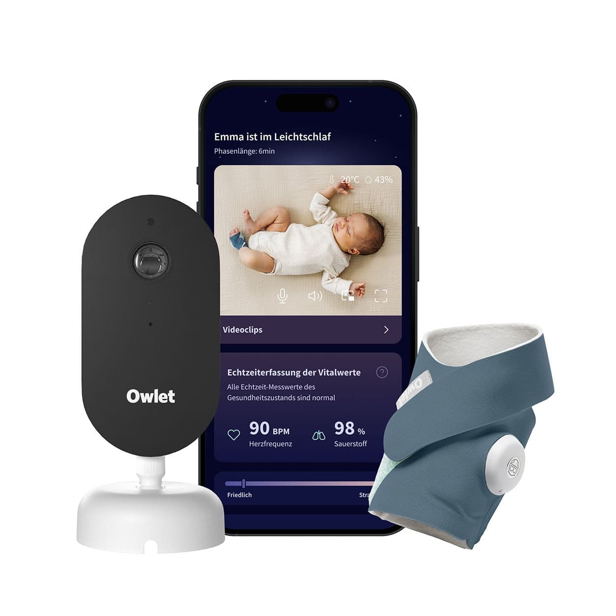 Owlet Dream Duo – Smart Baby Monitor Sock Sensor, 2K HD Kamera, Pulsoximeter, Bedtime Blue 1 St