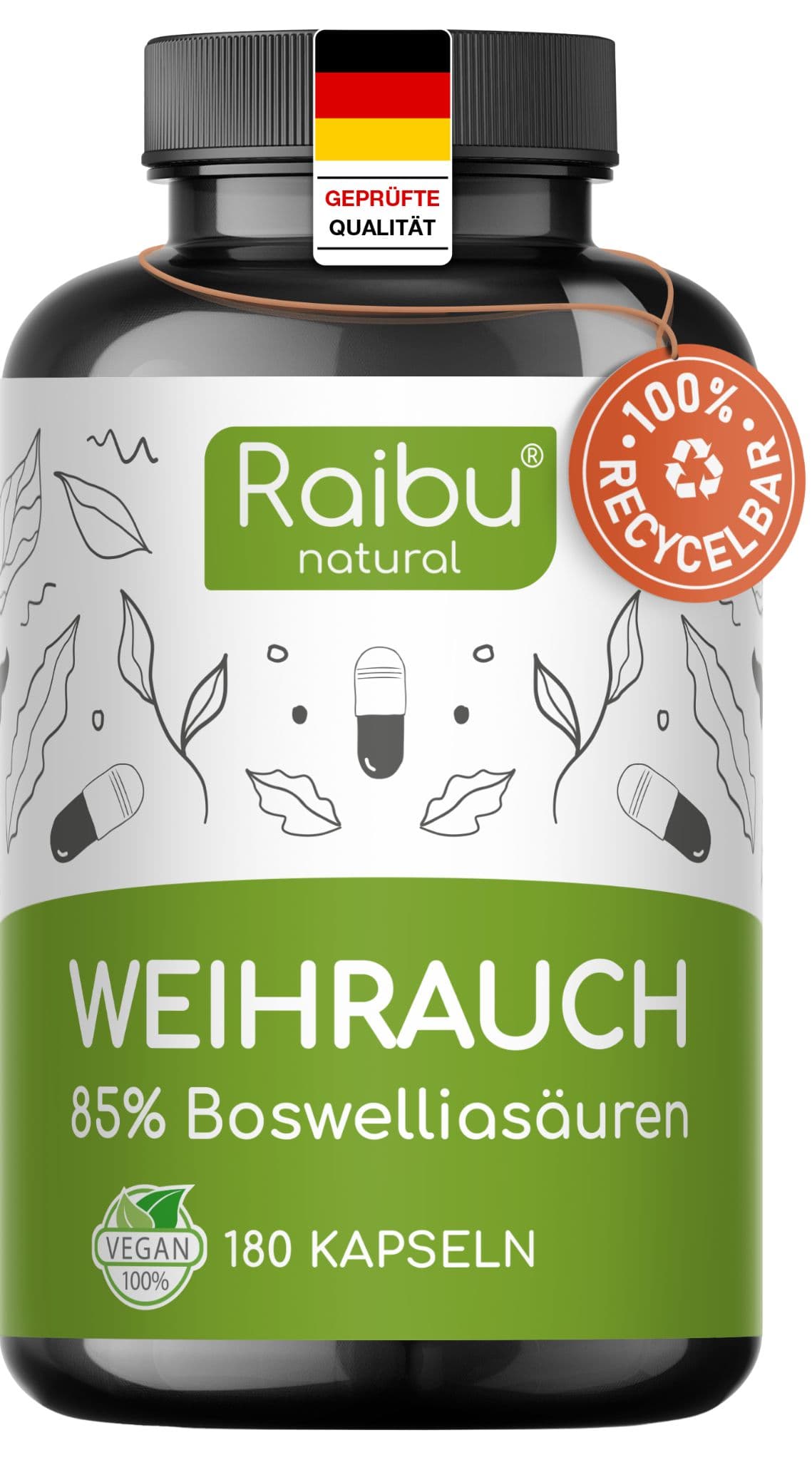 Weihrauch Kapseln Hochdosiert, 85% Boswelliasäuren, Deutschen Qualitätsstandards, 180 St - Raibu
