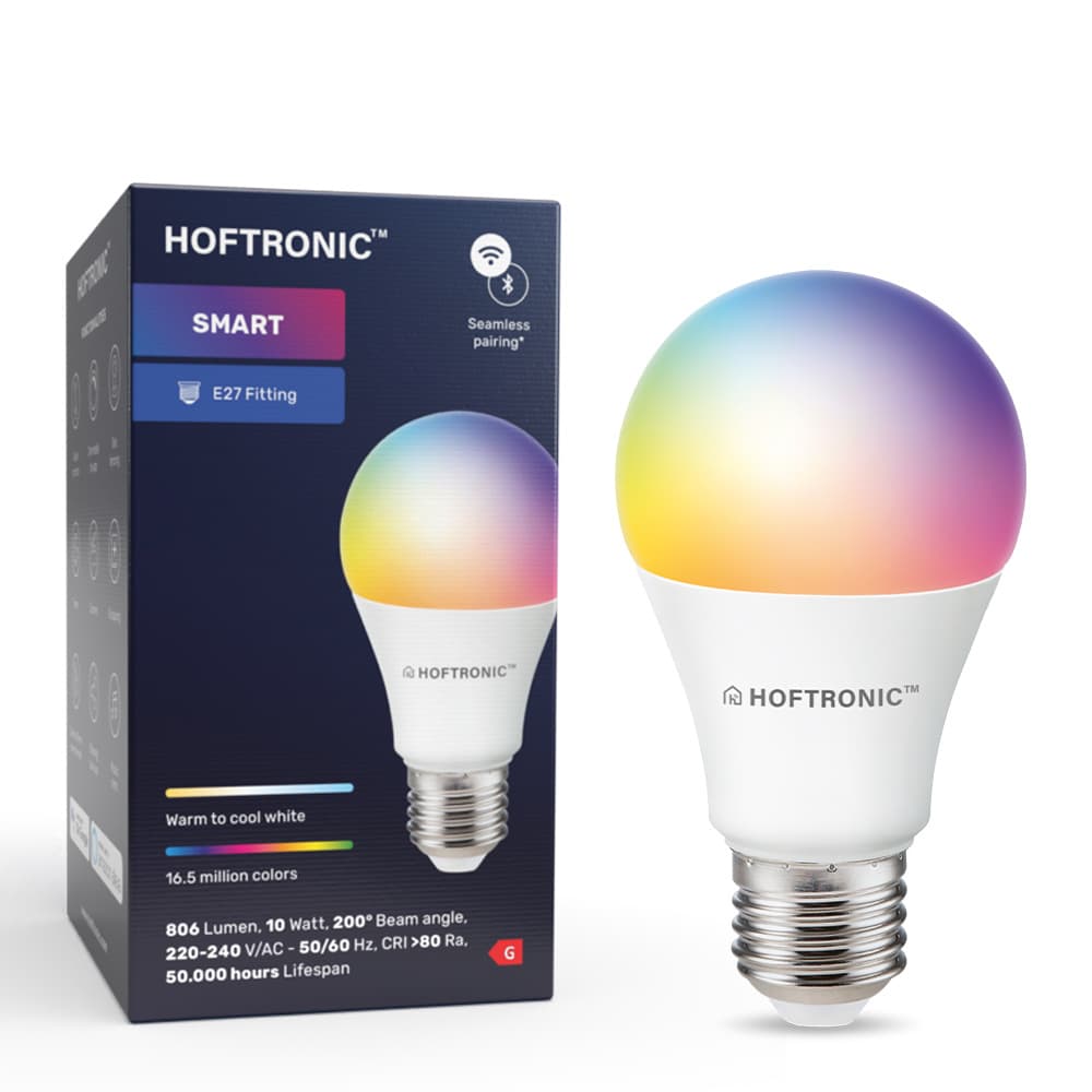 HOFTRONIC SMART - Smart Lampe E27 RGBWW Wifi & Bluetooth 10 Watt 806lm Dimmbar & Steuerbar via App