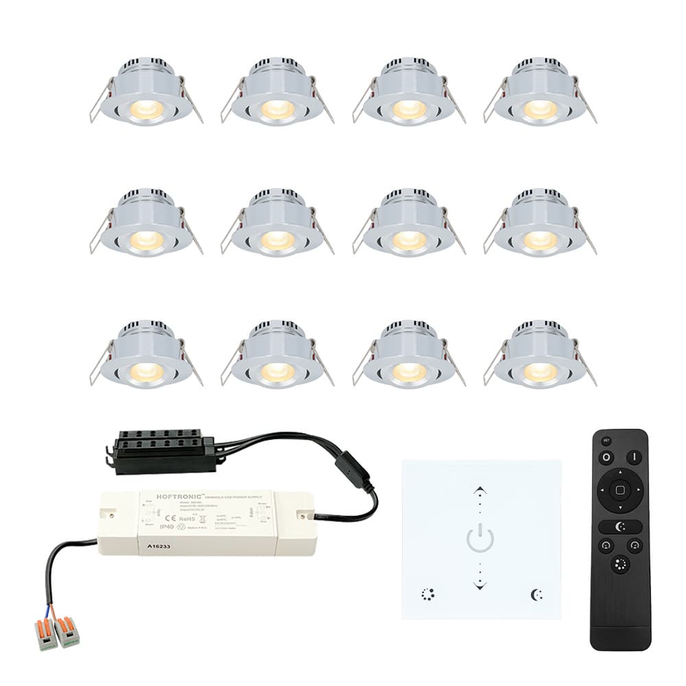 HOFTRONIC™ - LED Einbaustrahler Set Granada 12x3W Schwenkbar IP44 feuchtigkeitsbeständig Inkl. Touch Wand-Dimmer und Fernbedienung