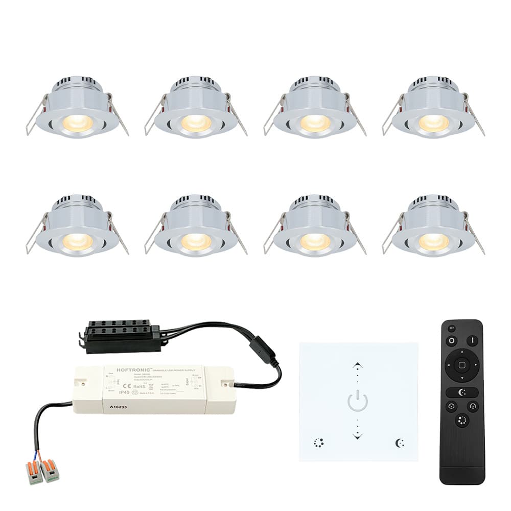 HOFTRONIC™ - LED Einbaustrahler Set Granada 8x3W Schwenkbar IP44 feuchtigkeitsbeständig Inkl. Touch Wand-Dimmer und Fernbedienung