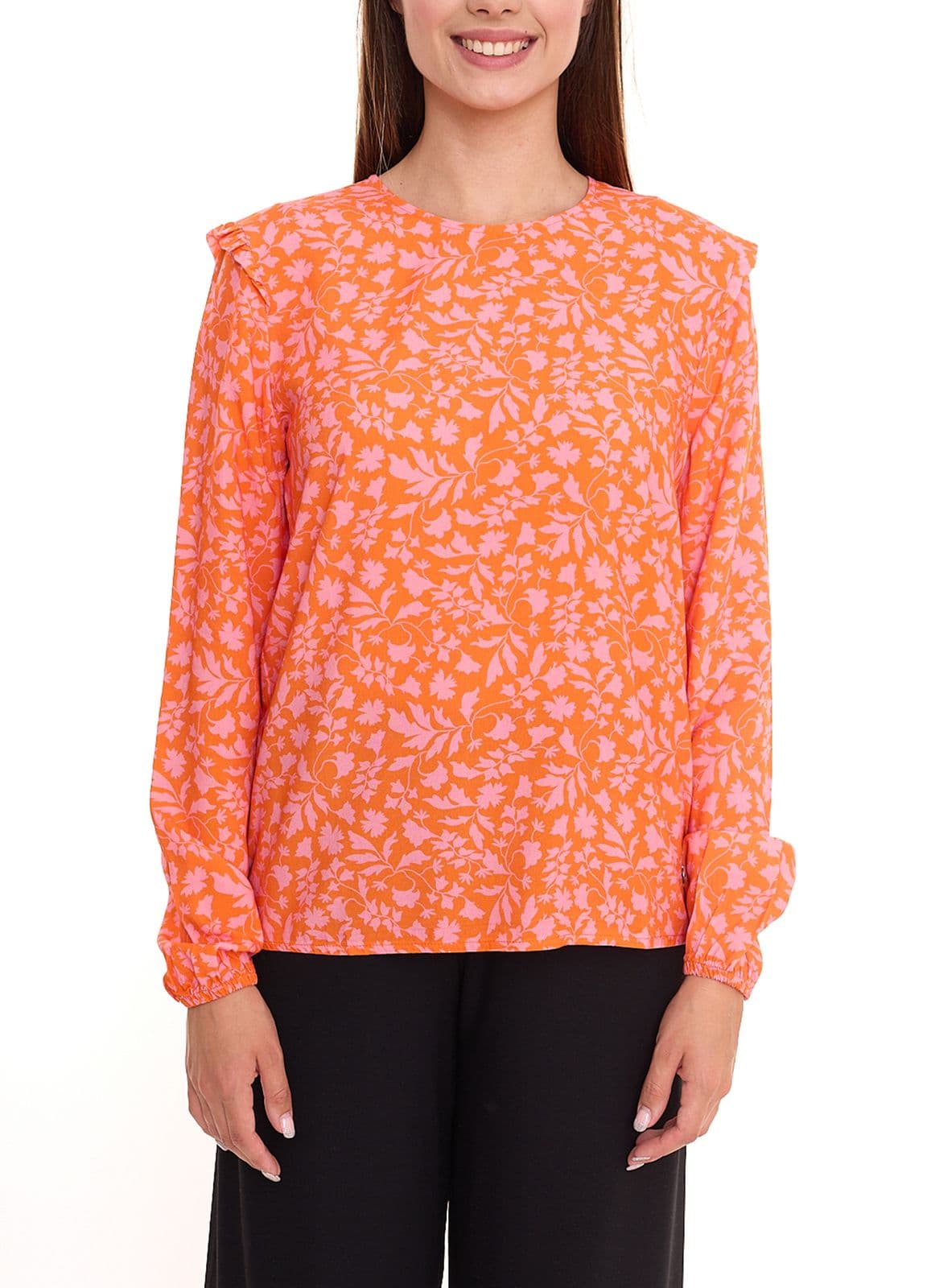 Tamaris Blusen-Shirt Damen Langarm-Bluse mit floralem Muster und kleinen Rüschen 50537609 Orange/Pink view 2