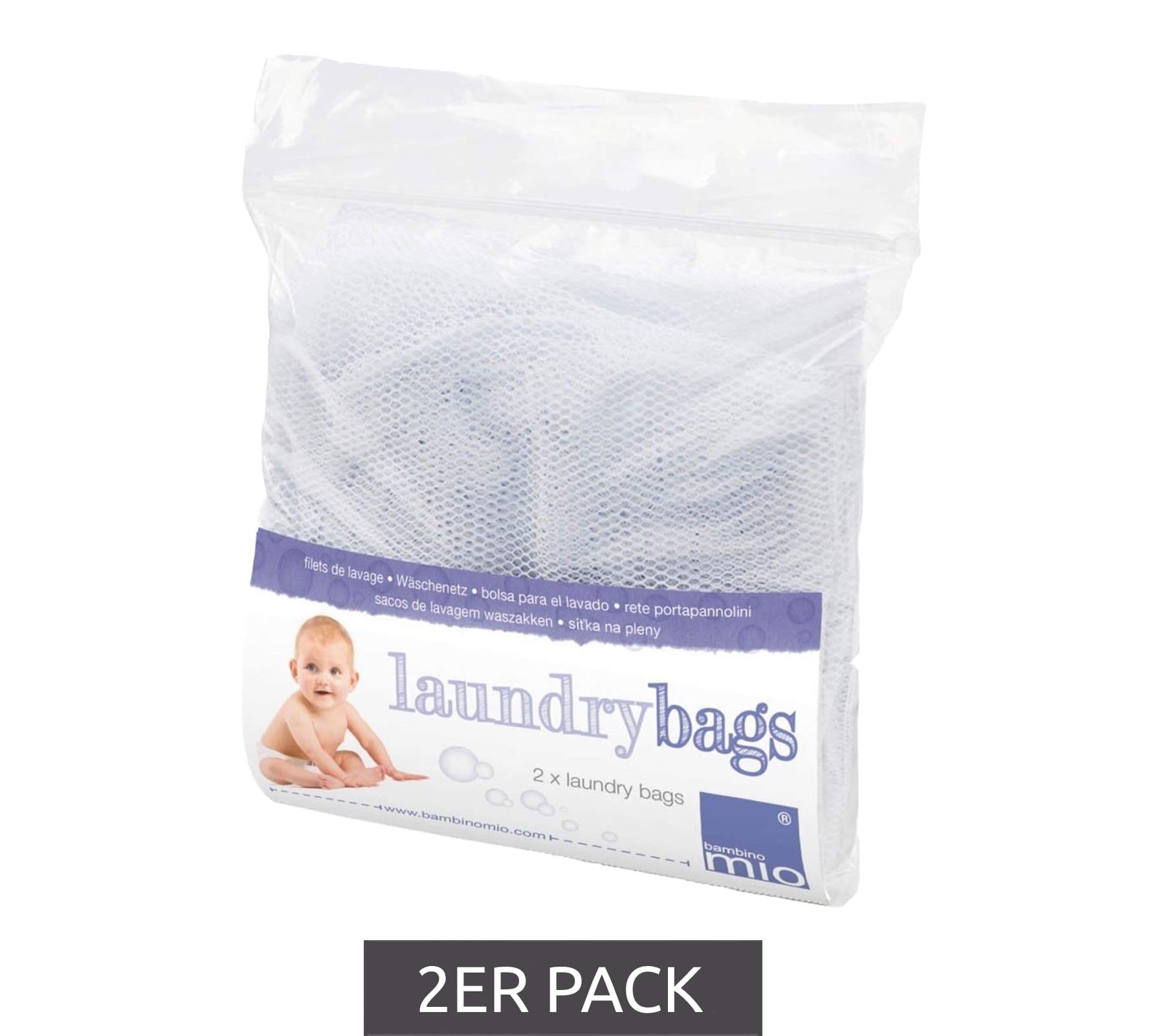 2er Pack Bambino Waschnetz zum Waschen gebrauchter Windeln Wäschebeutel Weiß