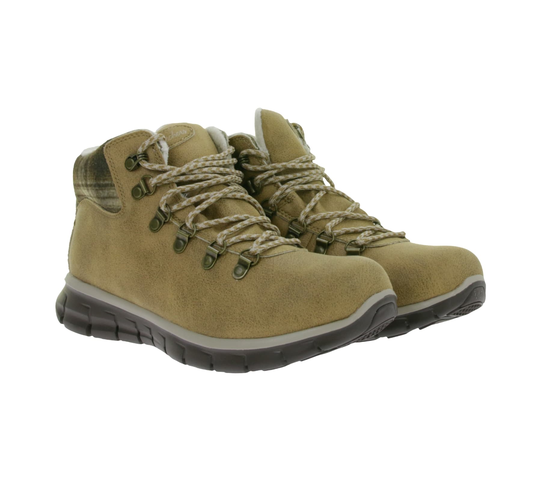 wasserabweisende SKECHERS Synergy Plaid Mood Damen Stiefelette mit Warm Tech Memory-Foam und Scotchgard Beschichtung Winter-Schuhe 167939-CSNT Braun