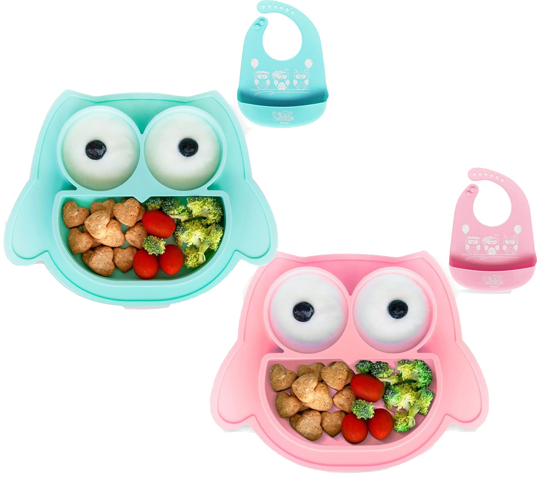 Rutschfestes Brunoko Silikon-Babyteller 2-in-1 Baby-Tellerset Lätzchen mit Auffangschale aus Silikon BPA-frei Rosa oder Mint-Grün