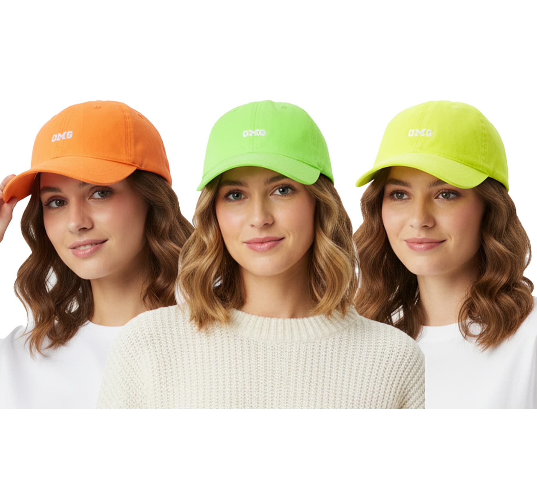Leuchtende ZWILLINGSHERZ OMG Classic Base-Cap mit OMG-Stickerei Baumwoll-Cap justierbare Cappy Schirm-Mütze 4603M K258210 in Neon-Farben Grün, Gelb,