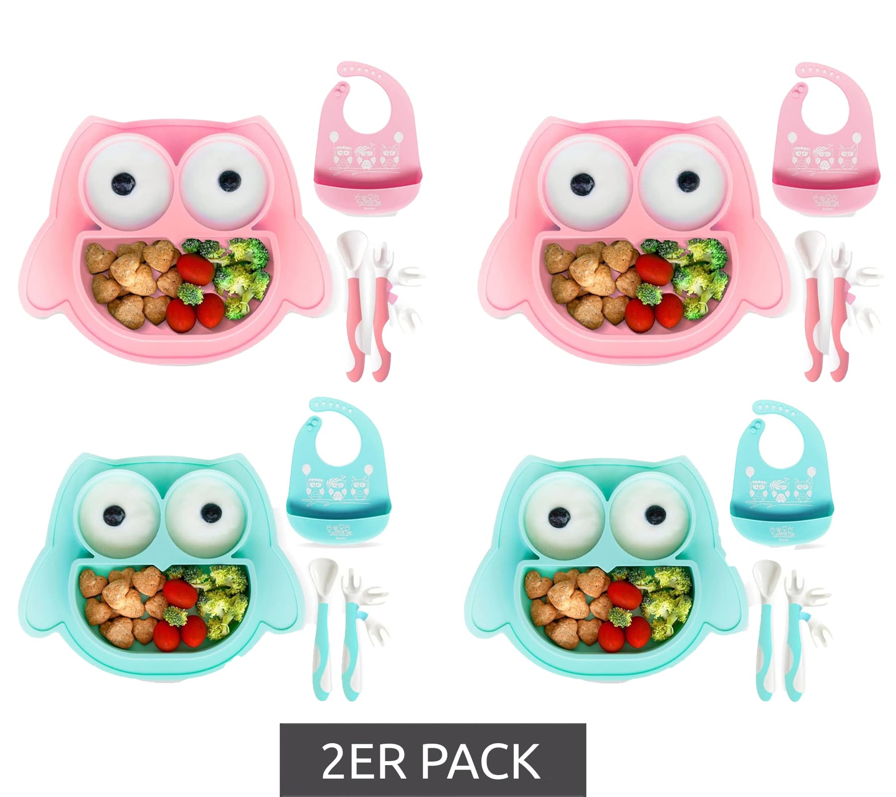 2er Pack Rutschfestes Brunoko Silikon-Babyteller 3-in-1 Baby-Tellerset + Babylöffel + Lätzchen mit Auffangschale aus Silikon BPA-frei Rosa oder