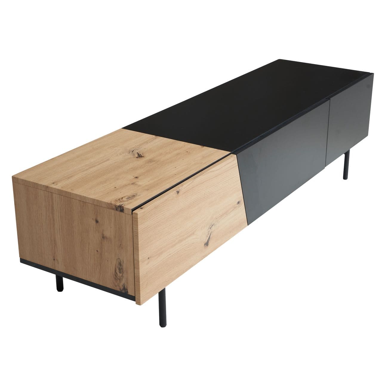 Lowboard Schwarz mit Eiche-Dekor 150x40x40 cm TV-Kommode Modern, Design TV-Schrank Niedrig, Fernsehtisch Fernsehschrank mit Türen & Schublade,