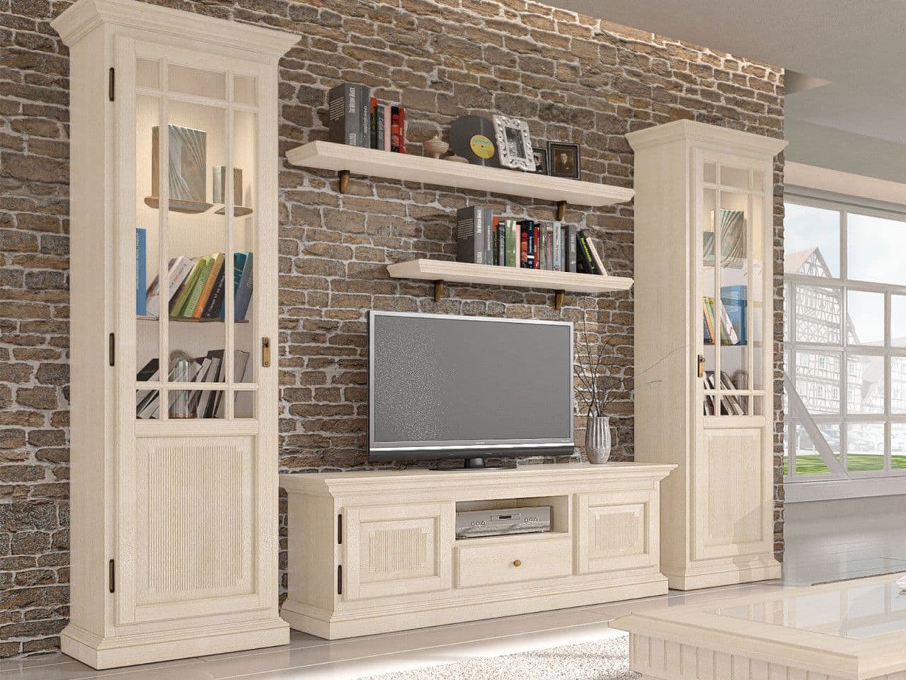 Wohnzimmer Schränke Set Wohnwand Duett 2 Vitrinen TV Lowboard 2 Wandbords Duett Pinie massiv Pinie lipizano ohne Beleuchtung 