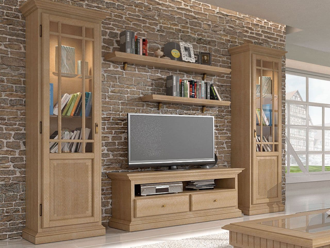 Wohnwand Wohnzimmer Schrank Set Duett 2 Vitrinen TV Schrank 2 Bücher-Regale Duett Pinie massiv Pinie karamell ohne Beleuchtung 