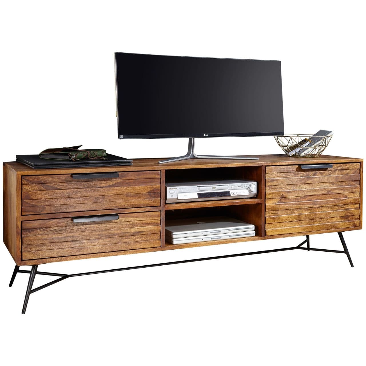 Lowboard NISHAN 160x54x40 cm Sheesham Massiv Holz, Design Hifi-Board mit Stauraum und Schubladen, Massivholz Fernsehschrank Wohnzimmer, Industrial