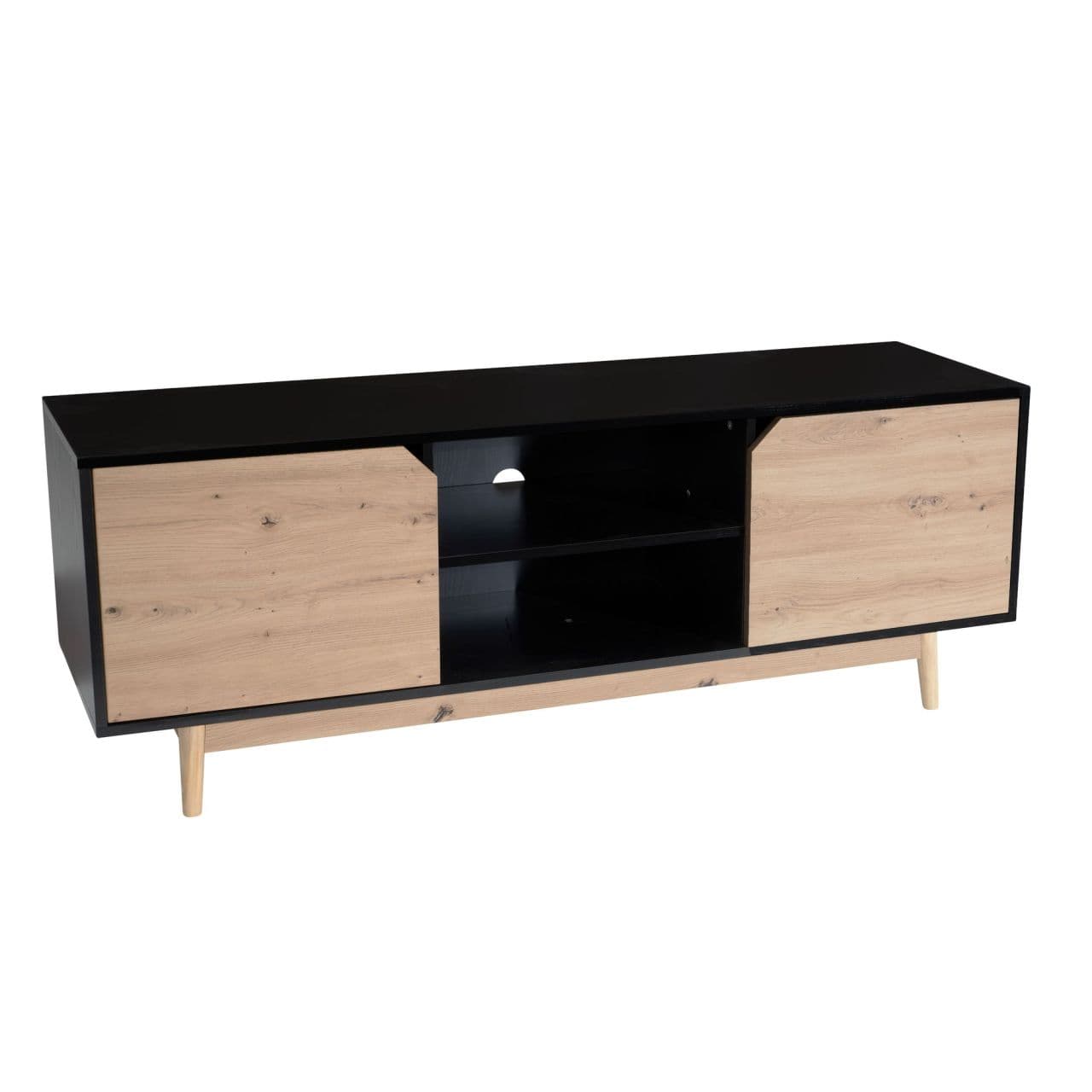 Lowboard Schwarz Eiche-Dekor 150x55x40 cm TV-Kommode Modern, Design TV-Schrank Hoch, Fernsehtisch Fernsehschrank mit zwei Türen, Fernsehkommode