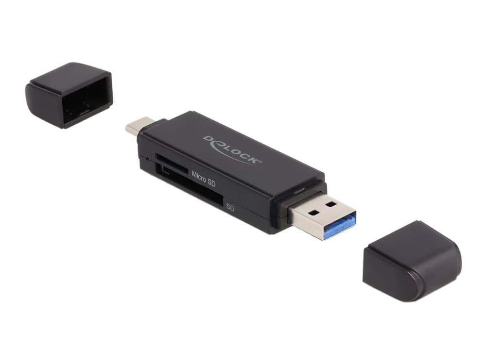 DeLOCK Card Reader SuperSpeed USB 5 Gbps USB Type-C / Typ-A für SD und Micro SD Speicherkarten, MicroSD (TransFlash), SD, Schwarz, USB 3.2 Gen 1 (3.1