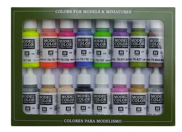 Vallejo 70.112, Schwarz, Blau, Braun, Gold, Grün, Grau, Magenta, Orange, Pink, Silber, Weiß, Gelb, Acrylfarbe, Flüssigkeit, 17 ml, 16 Stück(e)
