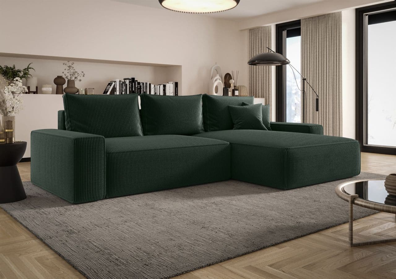 Ecksofa Schlafsofa Sofa WALKEN Stoff Poso Grün Ottomane Rechts