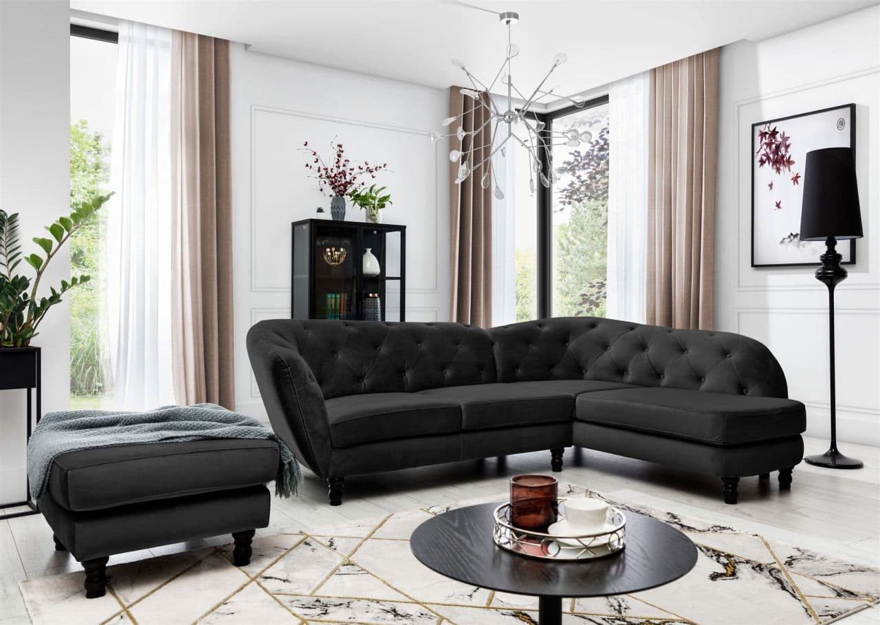 Ecksofa inkl.Hocker CHARLOTTE in Stoff Matt Velvet Schwarz Ottomane Rechts