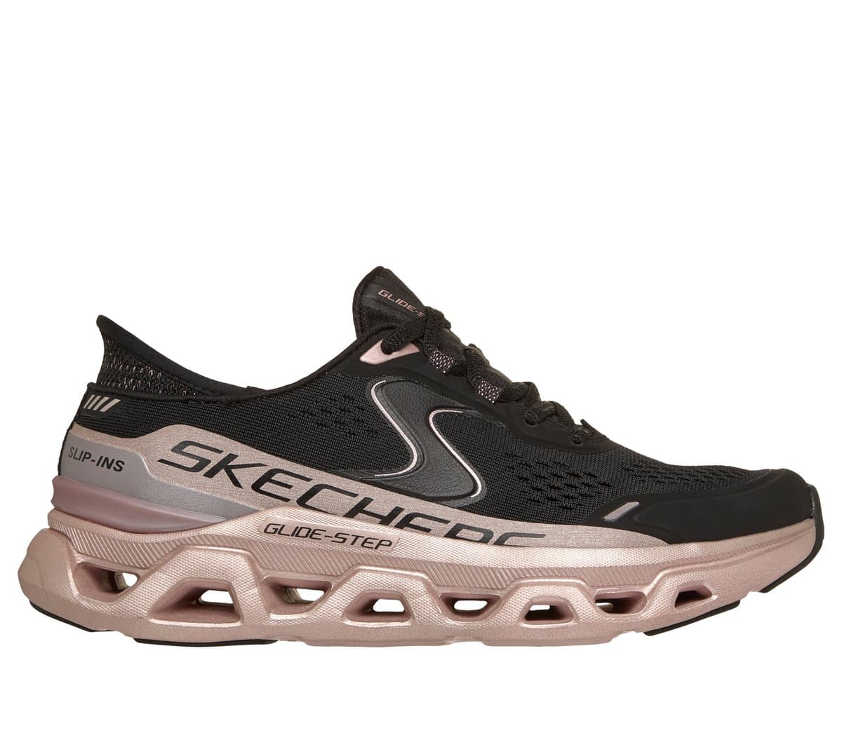 Skechers Slip-ins: Glide-Step Altus - Starlight Shine Sneaker in Schwarz/Roségold, Größe 37, Vegan, in der Maschine waschbar