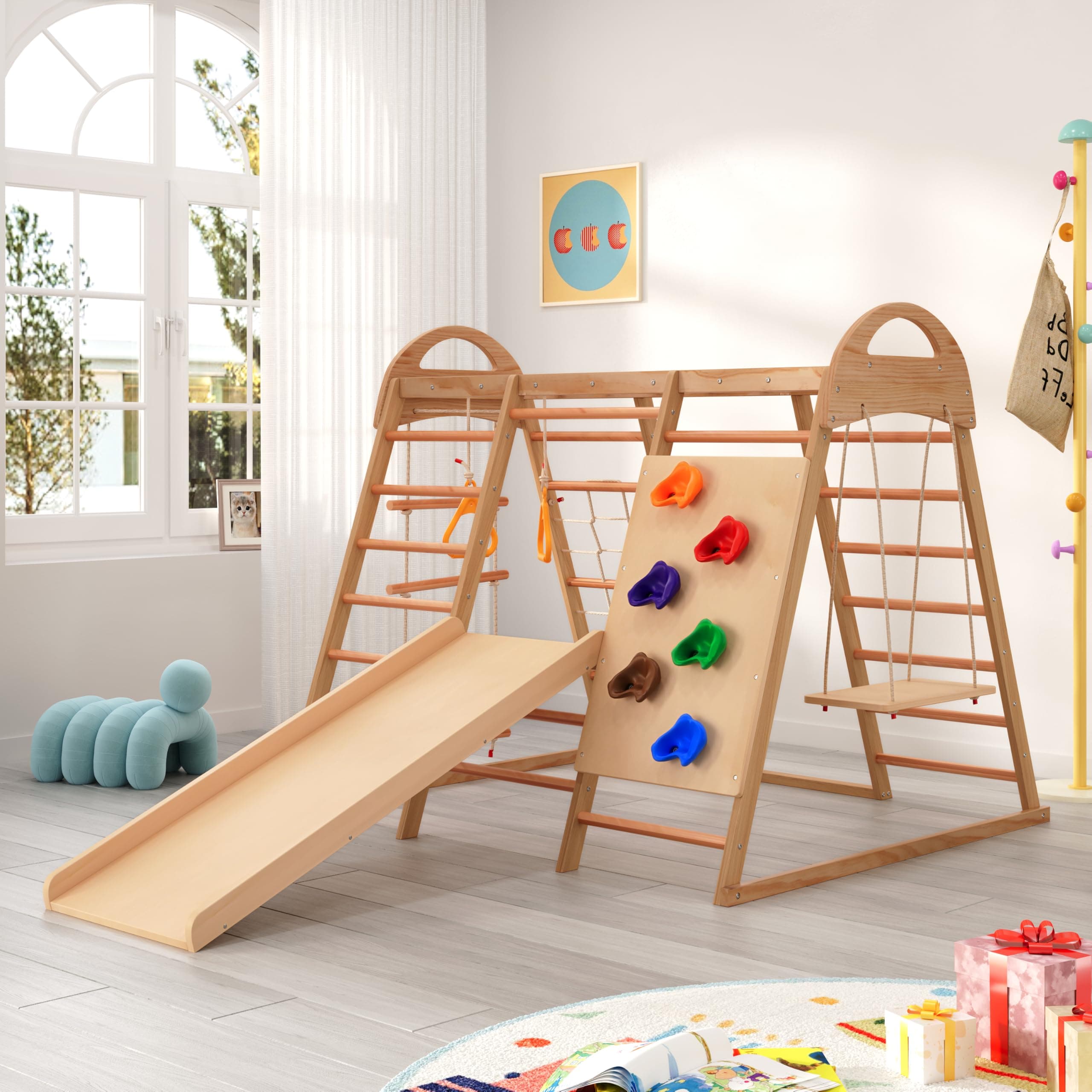 Sprossenwand Indoor Klettergerüst Kinder, Holz Kletterwand m. Rutsche, Schaukel, Krabbelleiter, Klimmzug, Ringe, bis 50kg, Natur/Weiß 120cm