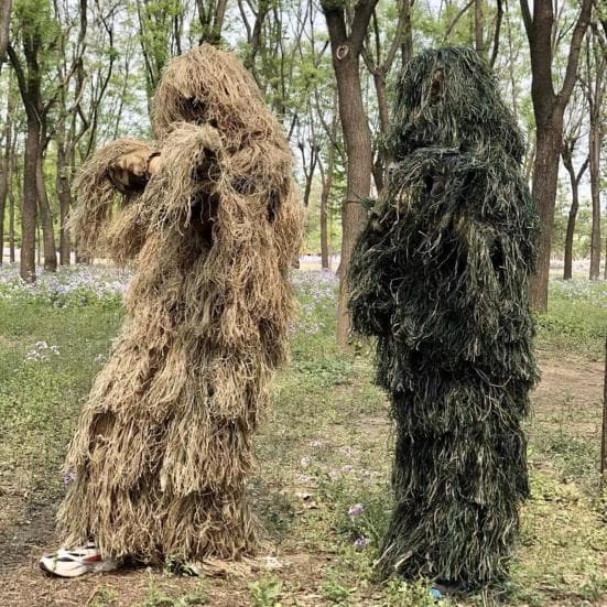 5 Teile/satz Ghillie Anzug mit Jacke Hosen Kapuze Girlande Tragen Tasche 3D Camouflage Jagd Bekleidung Jugend Erwachsene Woodland Kleidung braun