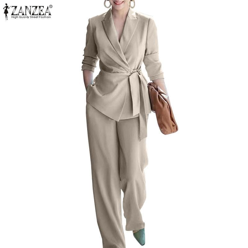 ZANZEA Damen-Set, lässige Strickjacke, Bluse und Hose mit weitem Bein, lockeres zweiteiliges Anzug-Set cm grün