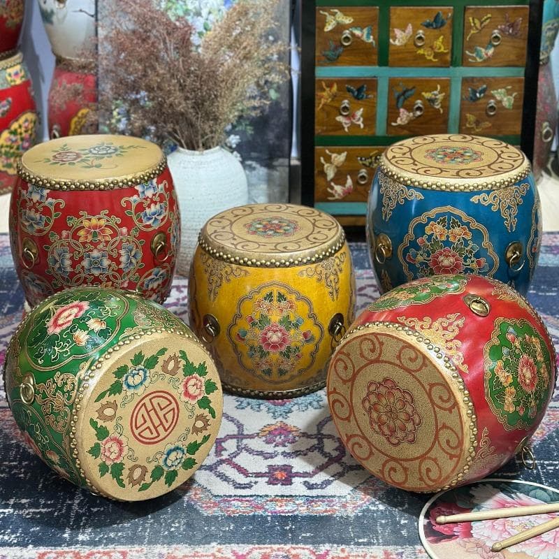 Neuer Hocker im chinesischen Stil aus Massivholz, handbemalter runder Hocker für Eingangsbereich & Balkon, multifunktionale Dekorationsbank &