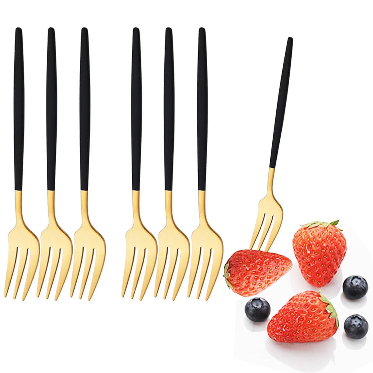 6 Stück Edelstahl Kleine Gabel Besteckset Schwarz Gold Geschirr Kuchengabel Obstgabel Dessertgabel Besteck Küchenzubehör