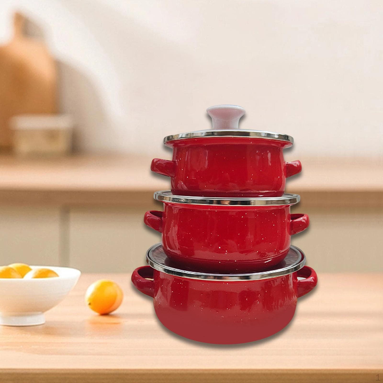 3-teilige Emaille-Topfkollektion zum Kochen zu Hause rot