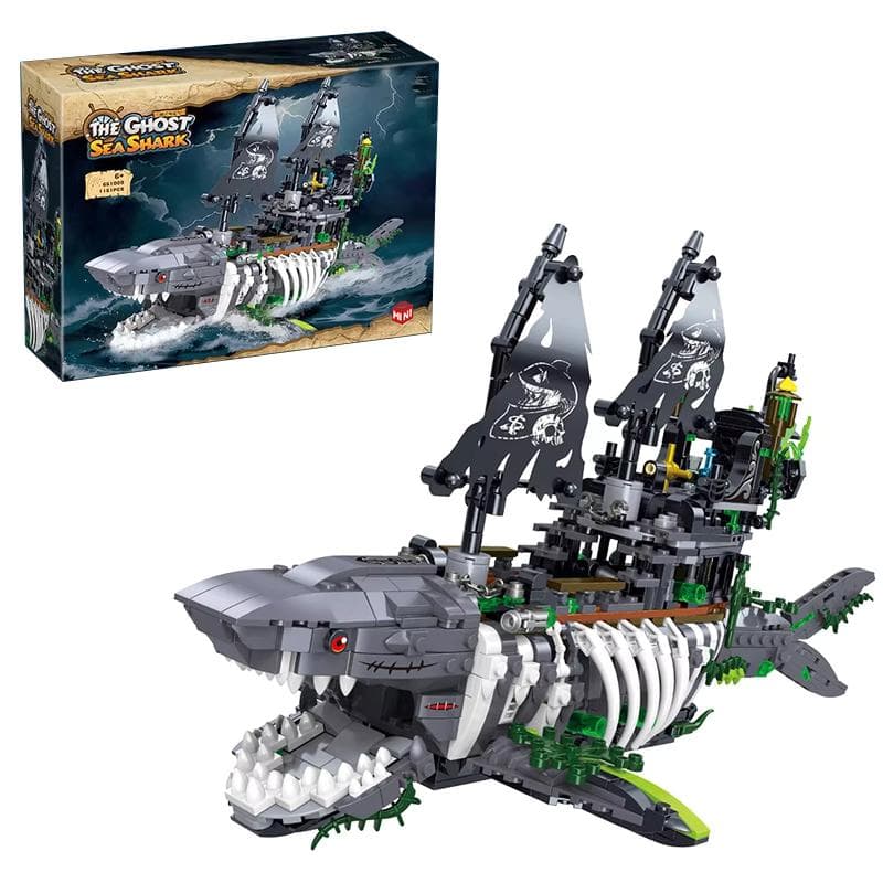 1155PCS Hai Piratenschiff Bausteine Kreativer Seehai Geisterschiff Modell Bausteine Mit Licht DIY Spielzeug Für Kind Weihnachtsgeschenke
