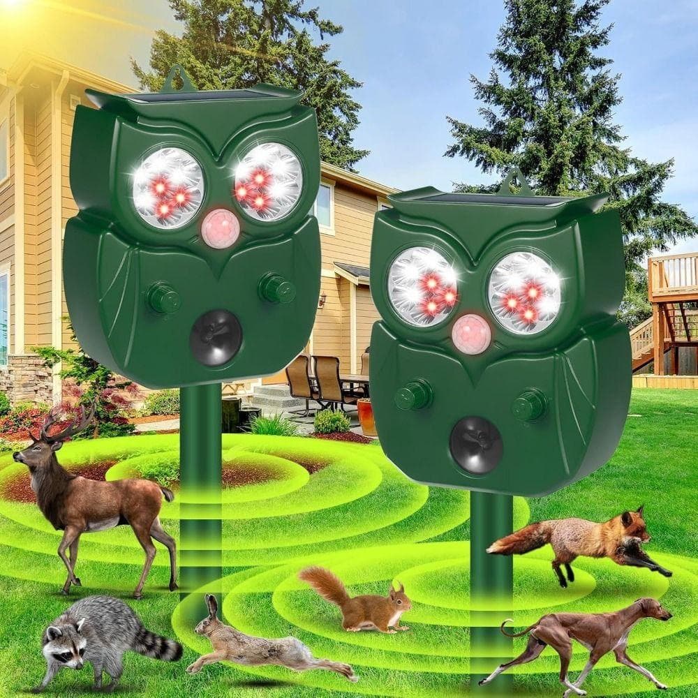 Eulenform Ultraschall-Tiervertreiber Solarbetrieben 14 LEDs Katzen-Hunde-Vertreiber Wiederaufladbar Infrarotsensor grün