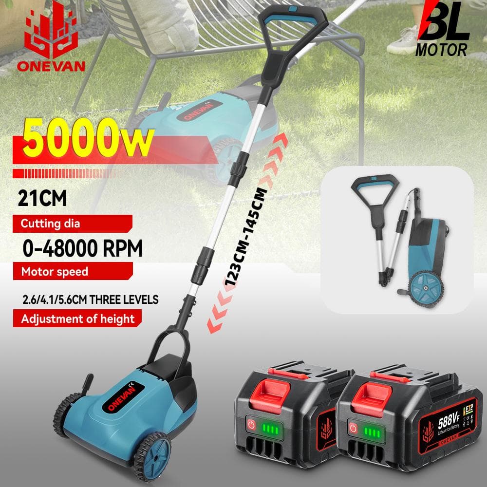 ONEVAN 5000W Bürstenloser Elektrorasenmäher 48000U/min Akku-Rasentrimmer 3 Höhenverstellung Garten-Schneidwerkzeug Für 21V 18V Akku