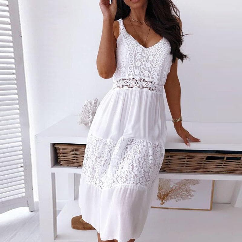 Sommer Haken Hohl Blume Sexy Kleid Elegante Casual Ärmelloses Spitzenkleid Süße Patchwork Strap Rückenfreies Strand Weißes Kleid 25181 cm weiß