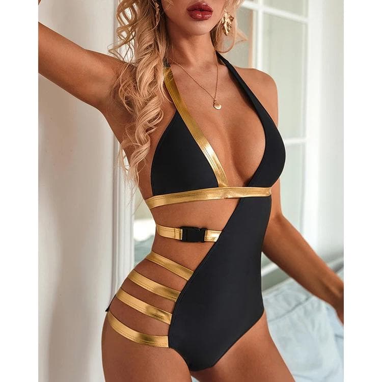 Frauen Sexy Einteiliger Badeanzug Gepolsterter rückenfreier Bikini Bademode Gürtel Monokini Badeanzug cm schwarz