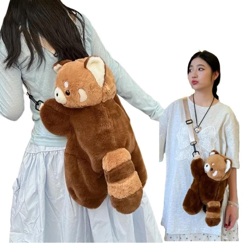 Plüsch Roter Panda Rucksack Niedliche Plüschpuppe Damen Umhängetasche Fell Weiche Schultertasche für Camping Reisen Party Weibliches