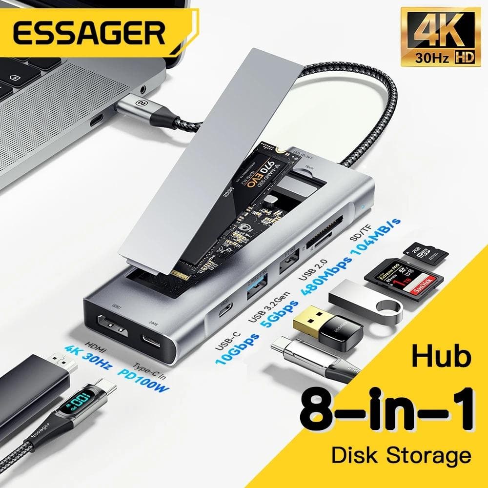 Essager 8-in-1-Hochgeschwindigkeits-USB-Hub mit Festplattenspeicher PD100W USB-Typ-C-zu-HDMI-kompatible Laptop-Dockstation für Telefon-Laptop
