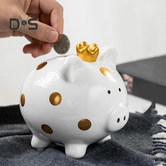 Sparschwein aus Keramik mit Krone und Schweinchen, goldene Punkte, Cartoon-Schwein, Münze, Geldbank, Home-Office, Bücherregal,