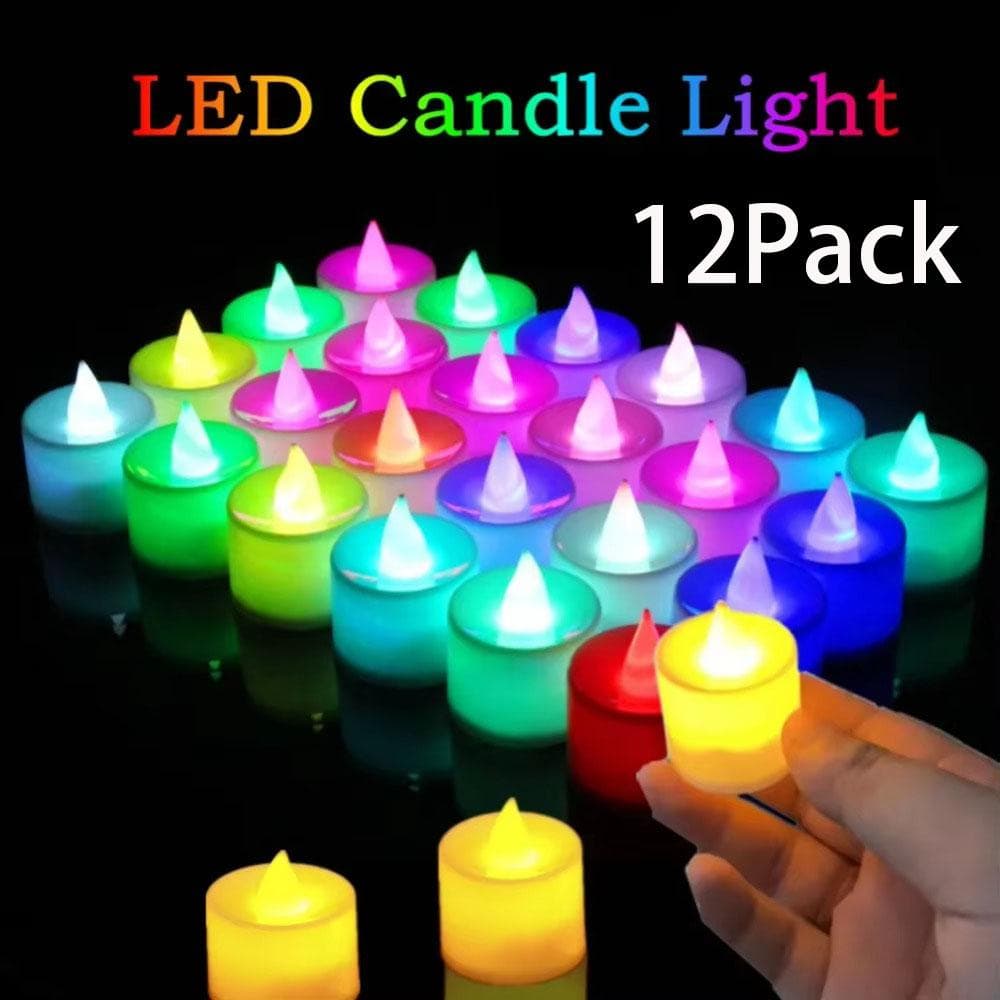 12 Stück bunte LED-Kerzen ohne Flamme, batteriebetrieben, Teelichtschalter, Kerzen ohne Flamme, für Hochzeit, Zuhause, Weihnachtsdeko bunt