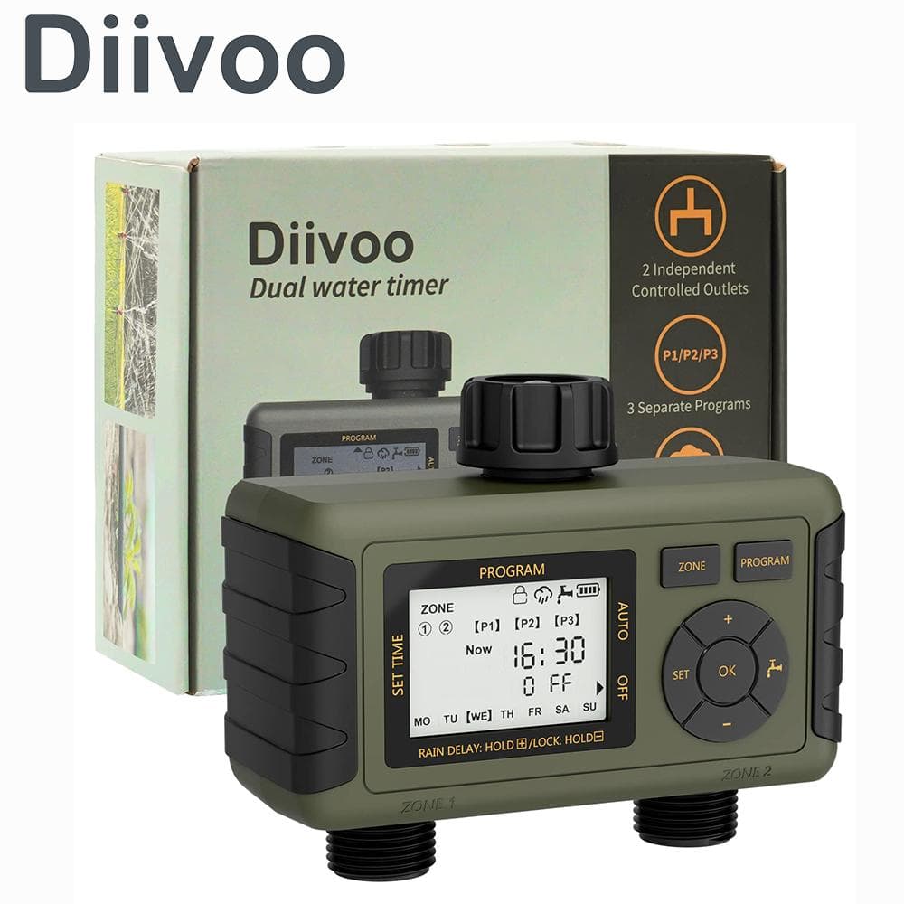 Diivoo 2-Zonen-Automatik-Bewässerungstimer, Gartenbewässerungssteuerung für den Außenbereich, mit LCD-Anzeige, wasserdichter Programmierer für