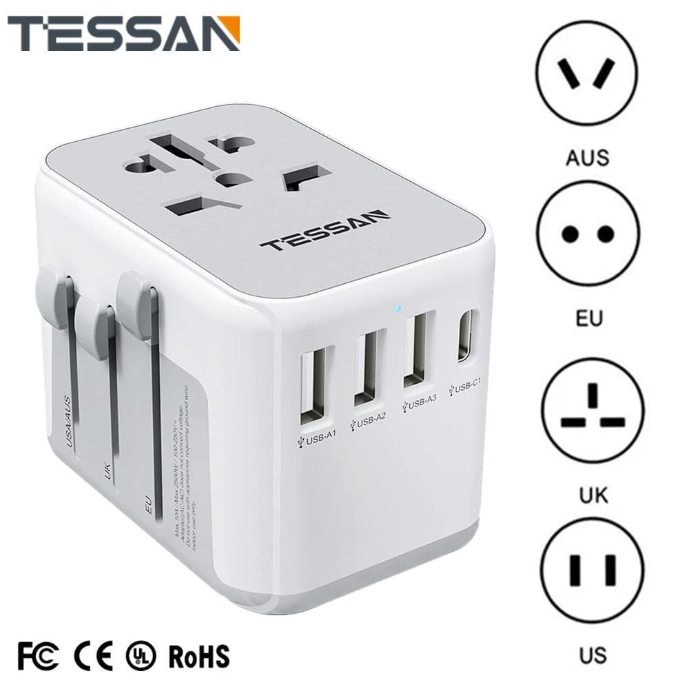 TESSAN Universal Reiseadapter Reisesteckdosenadapter weltweit mit 3 USB und 1 USB C für UK / EU / AUS / USA schwarz