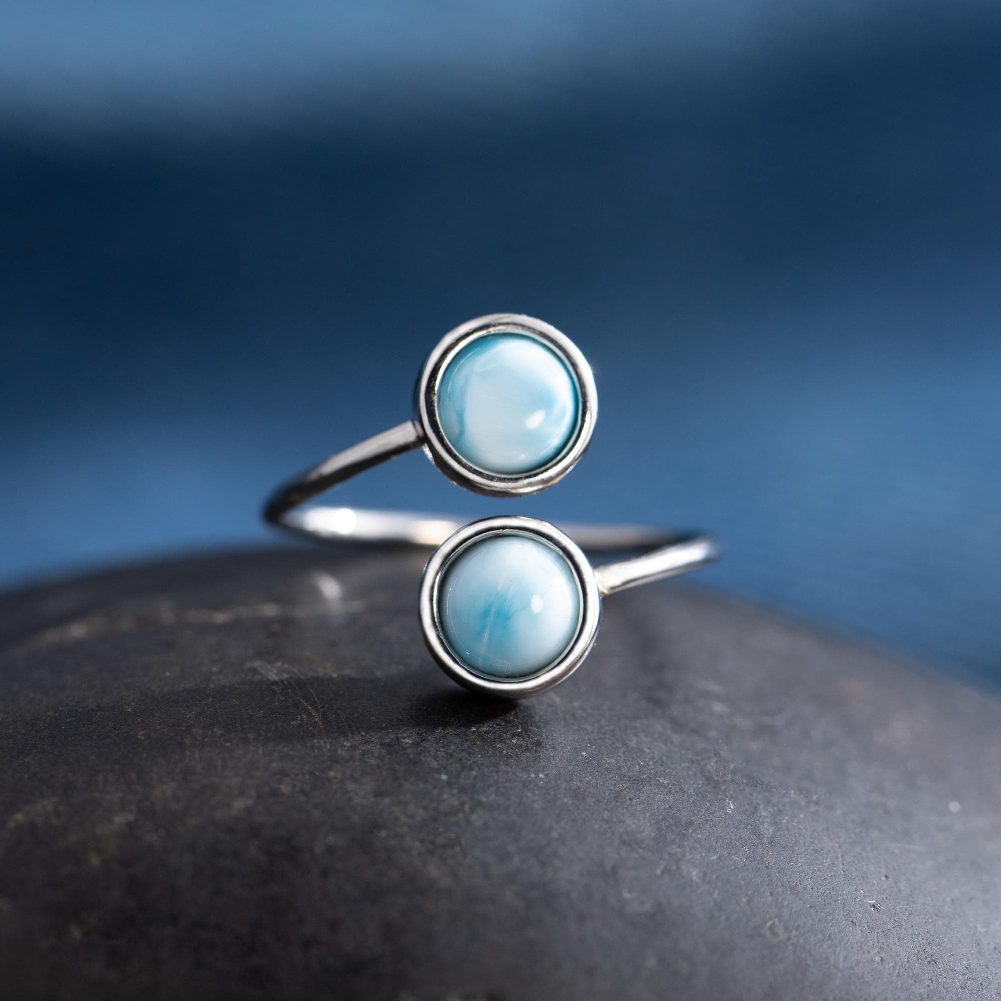 Doppelstein Verstellbarer Ring für Damen, Blauer Edelstein Sterling Silber Offener Bandring, Handgefertigter Boho Schmuck Geschenk silber