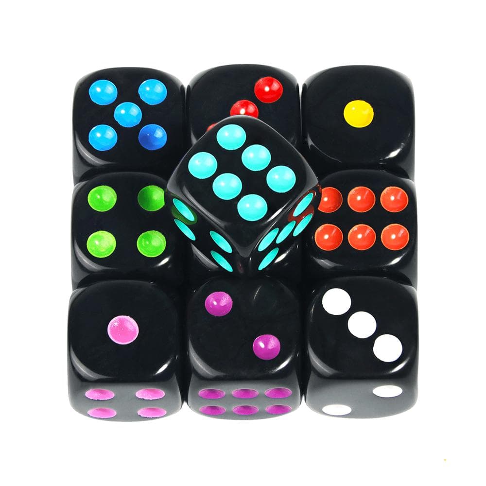 10 stücke 16mm Schwarz Runde Ecke Würfel Set Acryl 6 Seitige Würfel mit Farbigen Pips Punkte für Brettspiel gelb