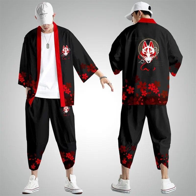 Fuchs Druck Japanischen Stil Mode Kimono und Hosen Set Männer Strickjacke Bluse Haori Obi Asiatische Kleidung cm
