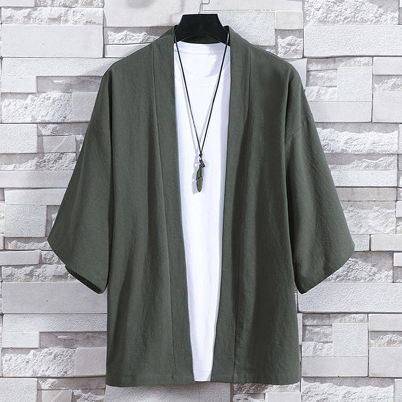 Herren-Kimono mit offenem Stich, japanische Jacken, lässiges Baumwollhemd mit 3/4-Ärmeln, offener Vorderseite, Mantel, leichte Leinenoberteile cm