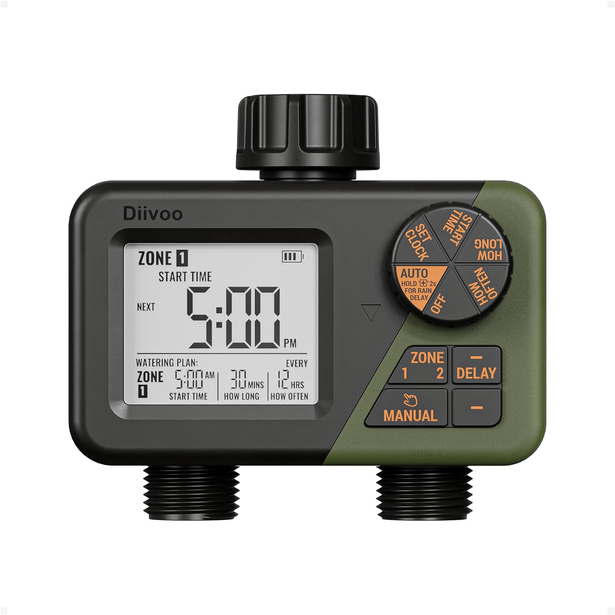 DIIVOO Automatischer Bewässerungs-Wasser-Timer 2 Zonen mit Regenverzögerung/Auto-Modus, Sprinkler-Timer 2 Zonen-Controller für die