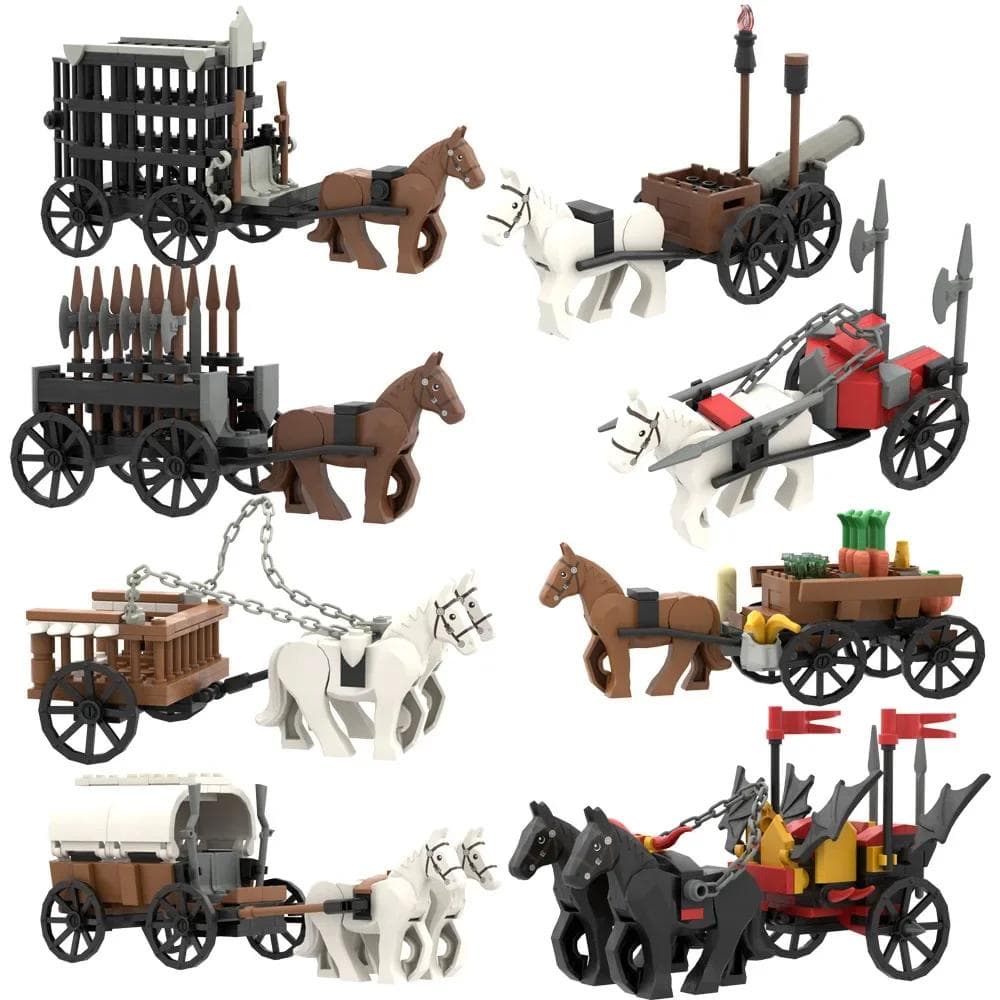 Bausteine MOC Kutsche Mittelalterlicher Streitwagen Gefangenentransportwagen Militärwaffen Zubehör Waffen Zusammenbau Szene Modell
