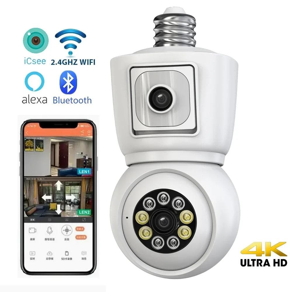 LS VISION 4K 4MP E27 Glühbirnen-WLAN-Kamera mit zwei Objektiven, zwei Bildschirmen, automatischer Verfolgung, Zwei-Wege-Audio, Farb-Nachtsicht,
