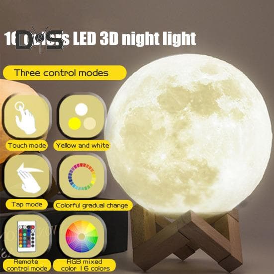 Mondlampe mit Holzsockel, 16 RGB-Farben, Design mit Berührungssensor, wiederaufladbar, 3D-Mond-Nachtlicht, Schlafzimmerdekor
