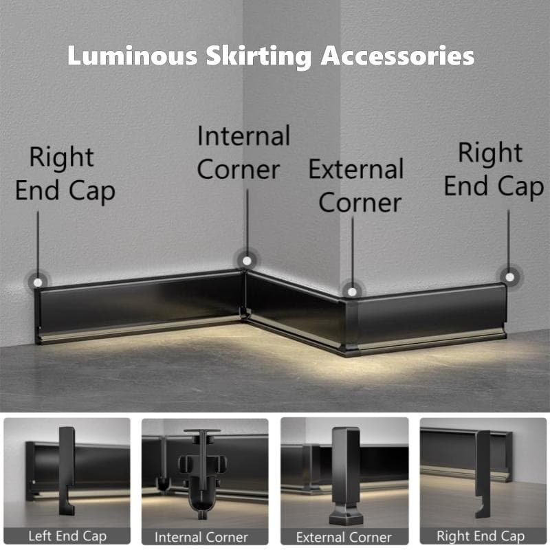 H5/6/8cm LED-Sockelleisten-Zubehör Boden-Aluminiumprofil Wand-Fußleistenverbinder Kunststoff-Innen- und Außenecken-Endkappe